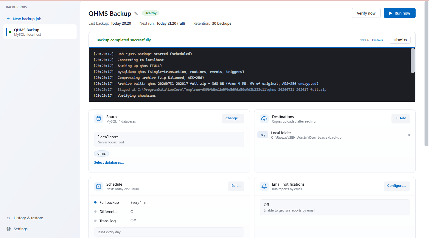 The LeoCore Backup dashboard showing a backup job, its schedule, destinations and recent runs.
